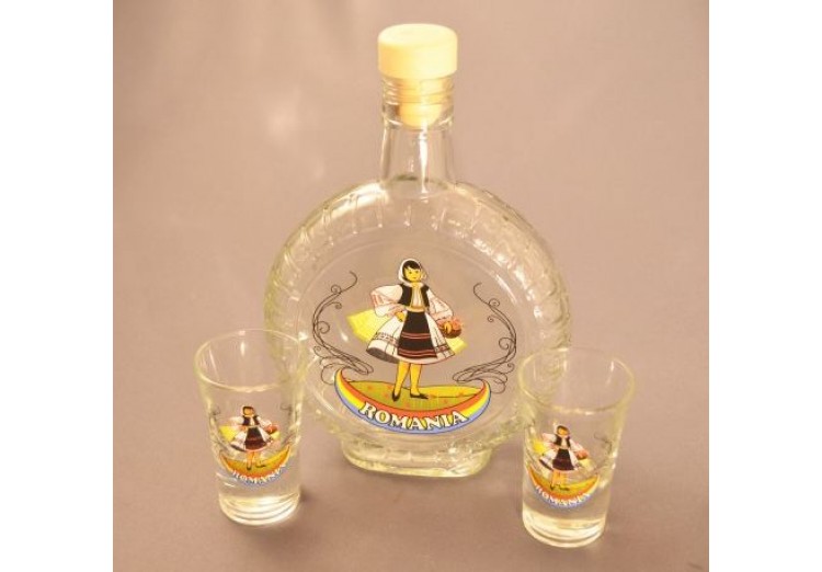 Set sticlă cu două pahare pentru alcool inscripţionată România